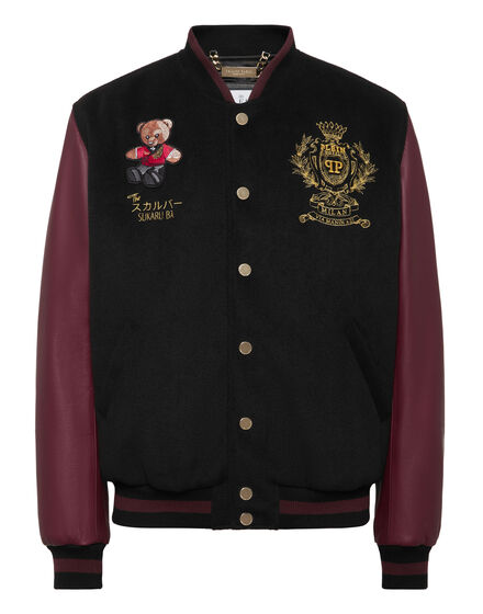Leather and Wool Varsity Bomber Jacket Teddy Bear