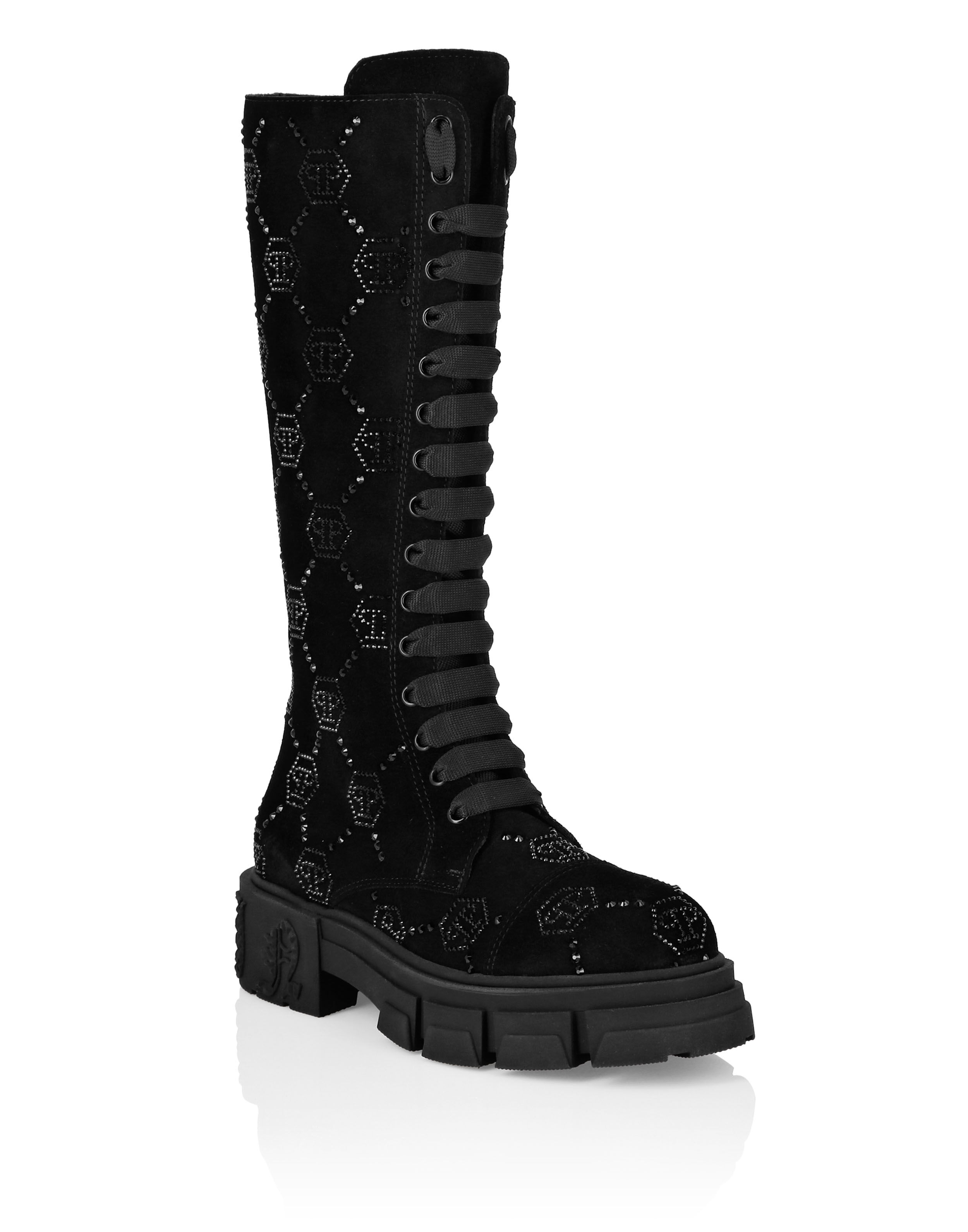 Suede Boots Flat High Strass Monogram Philipp Plein