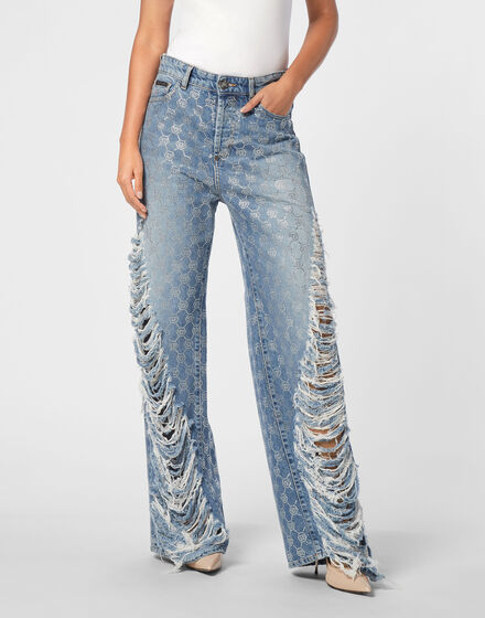 Denim Skater Fit Trousers Strass Monogram