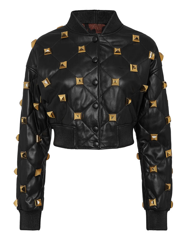 Leather Bomber Cropped Matelassè Studs