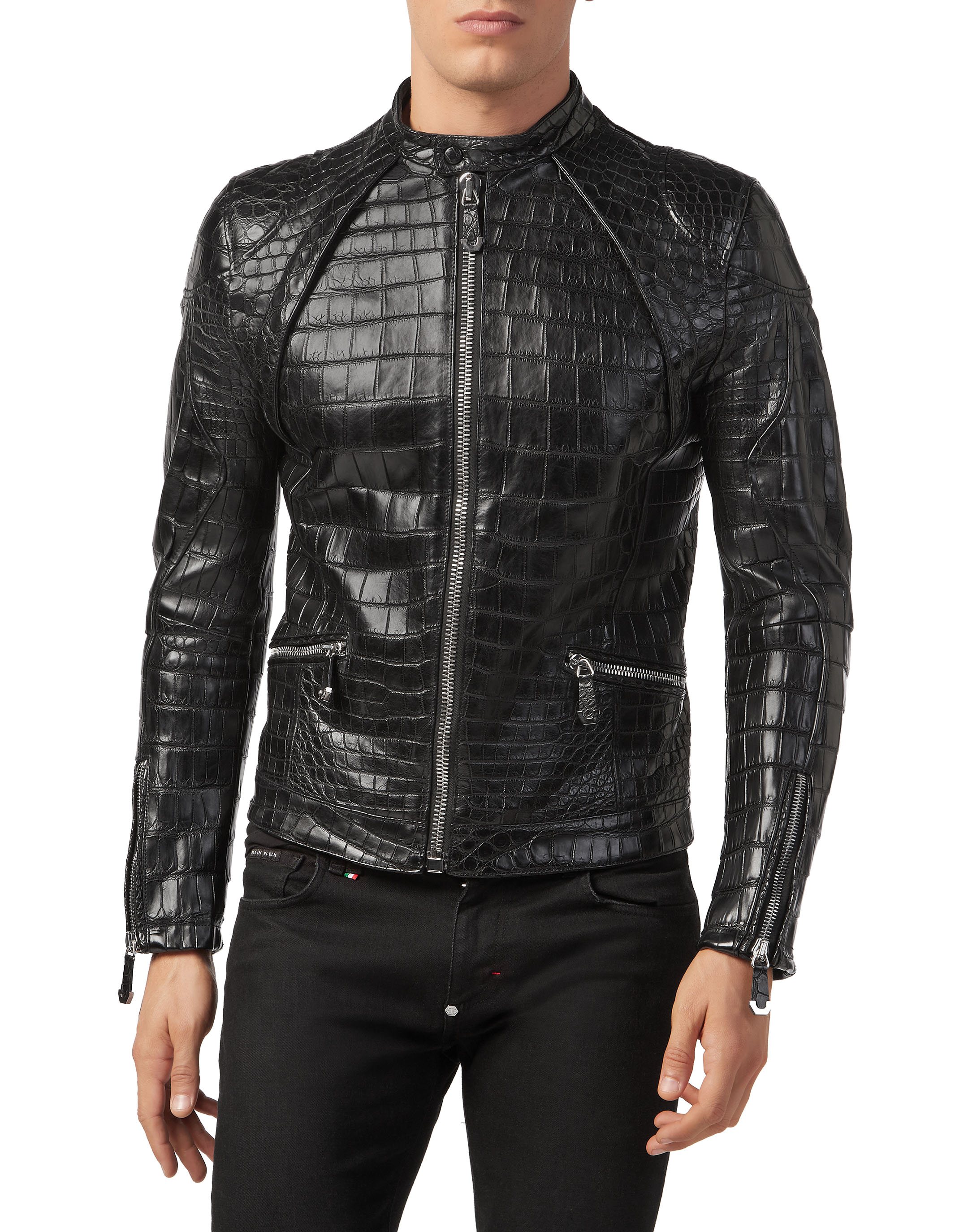 Men's luxury jacket - Philipp Plein biker jacket in crocodile-embossed  brown leather