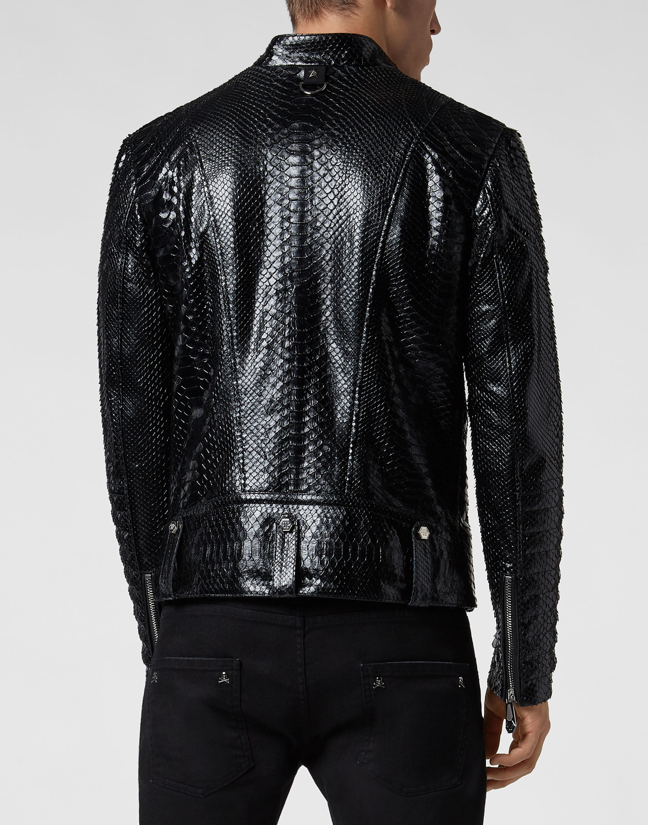 METALLIC PRINTED CROC LEATHER BIKER JACKET