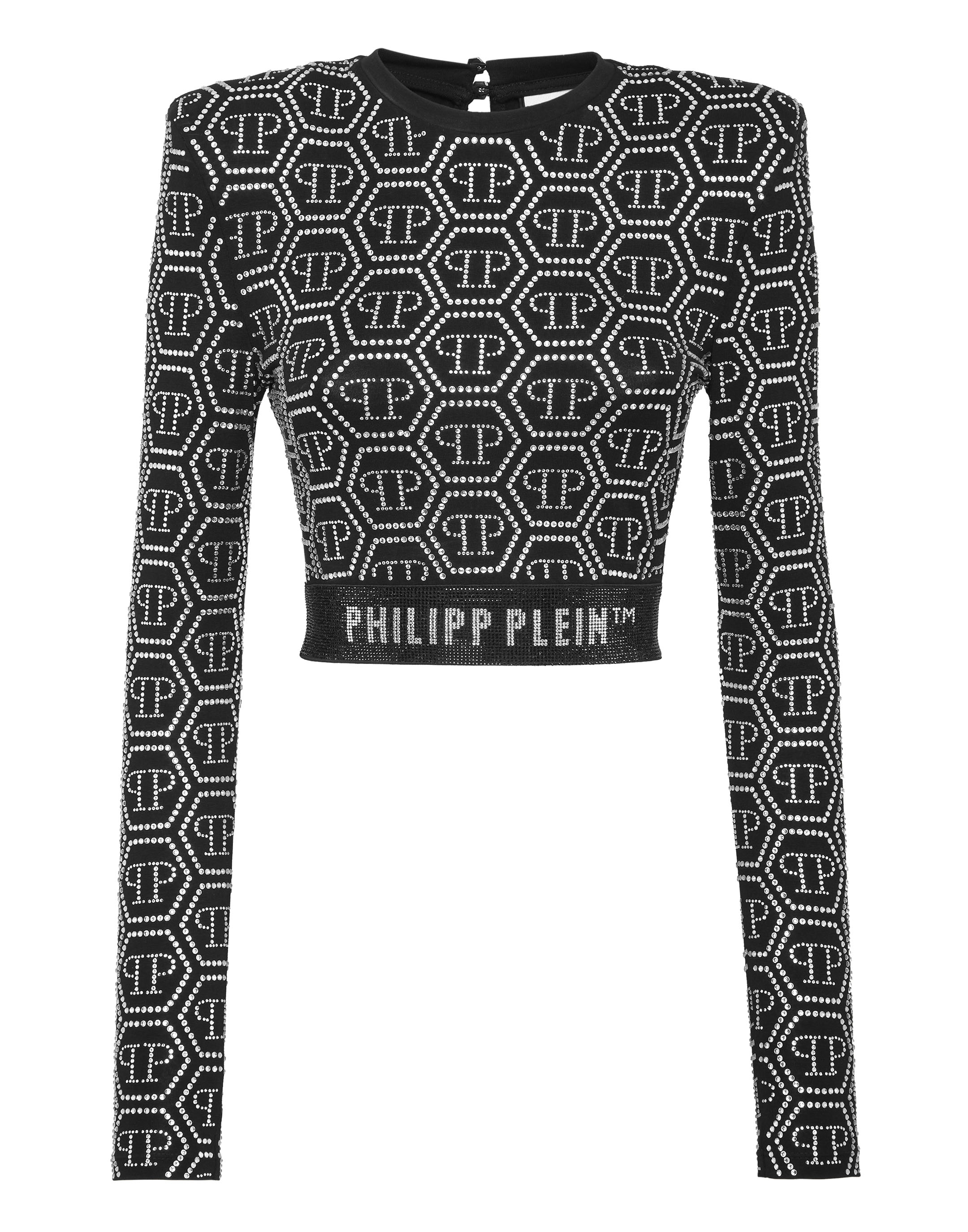 Padded Shoulder Cropped Top LS Monogram Strass | Philipp Plein